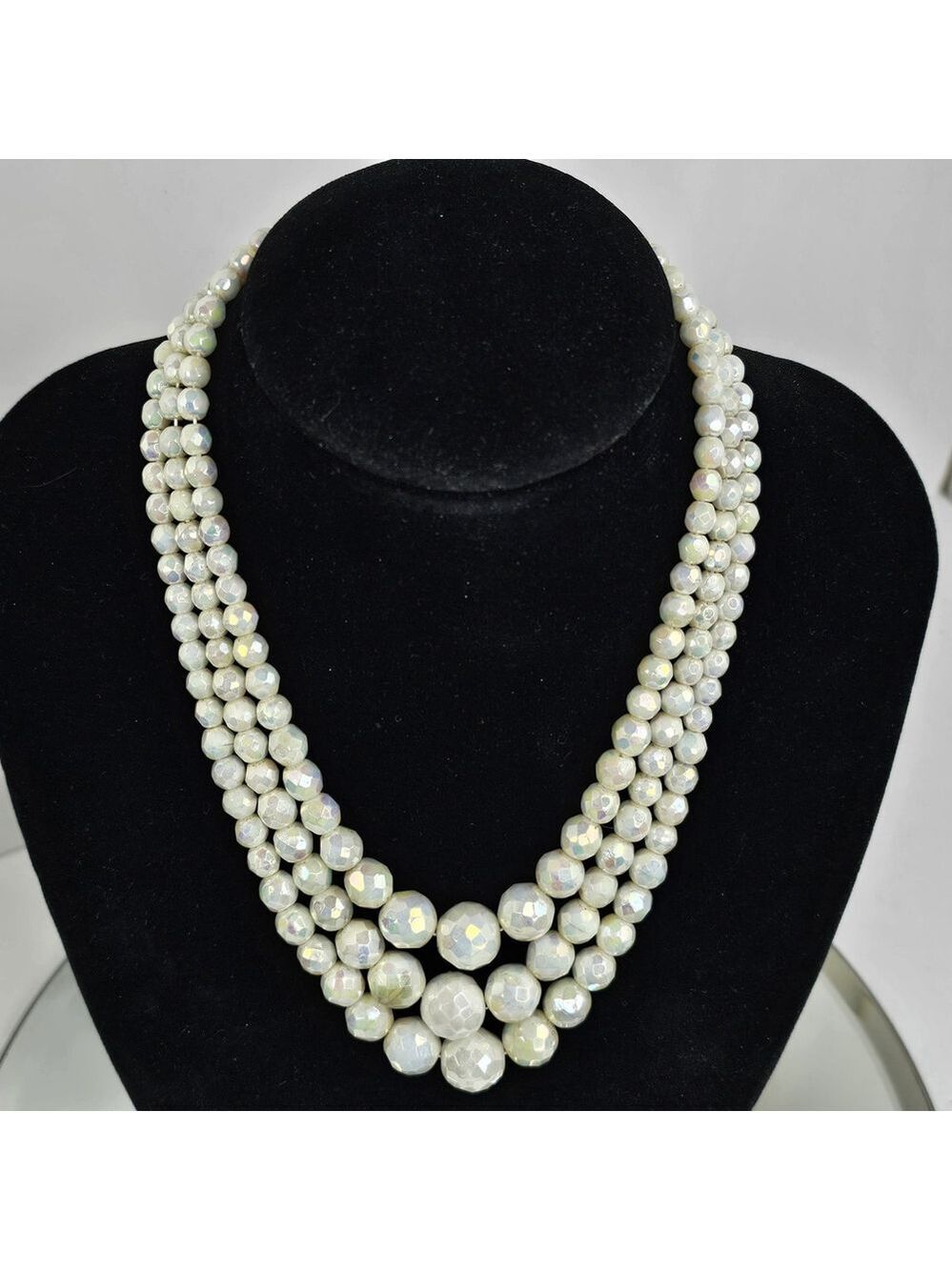 Vintage 3 Strand White Iridescent Faceted Bead Necklace Rhinestone Clasp